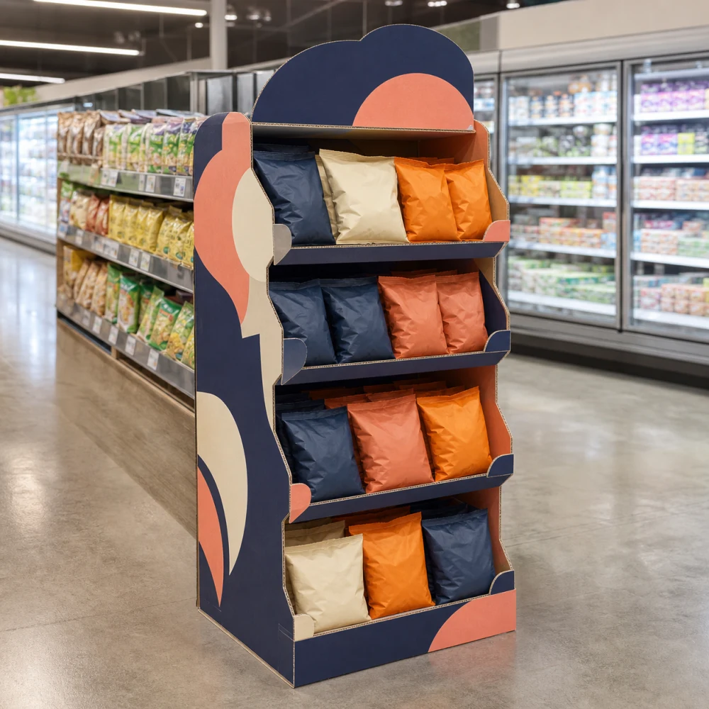 Visualización conceptual de un display de suelo de cartón en un supermercado