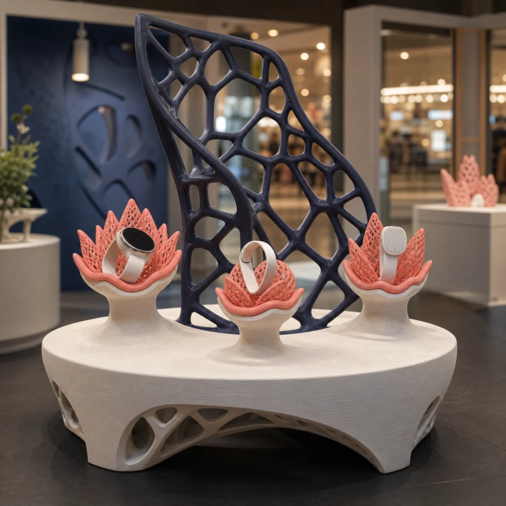 Visualización conceptual de una instalación promocional con piezas de impresión 3D