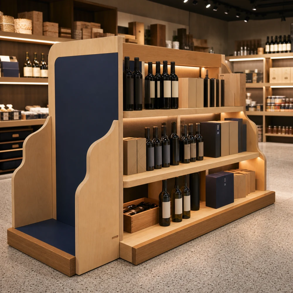 Visualización conceptual de una góndola de madera en una tienda gourmet