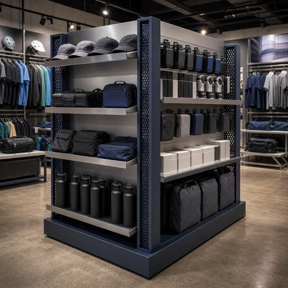 Visualización conceptual de una góndola de acero y aluminio en una tienda