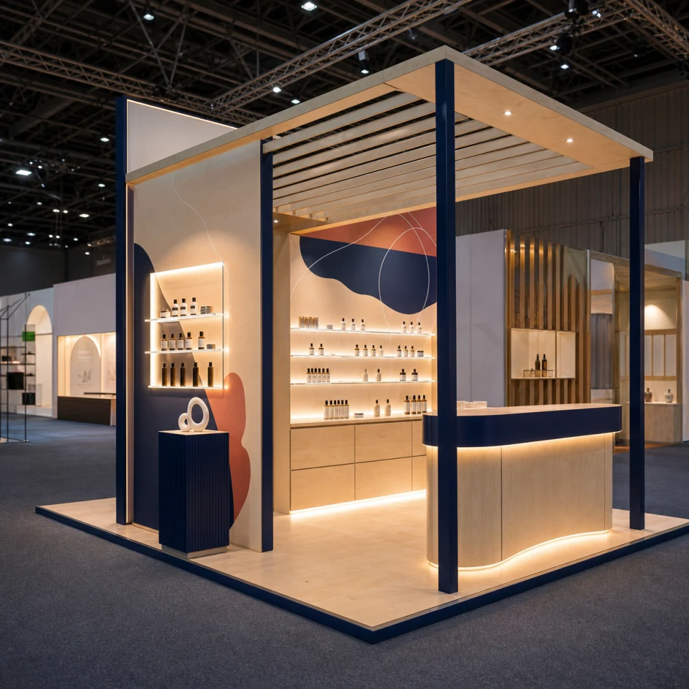 Visualización conceptual de un stand de feria que combina varios materiales
