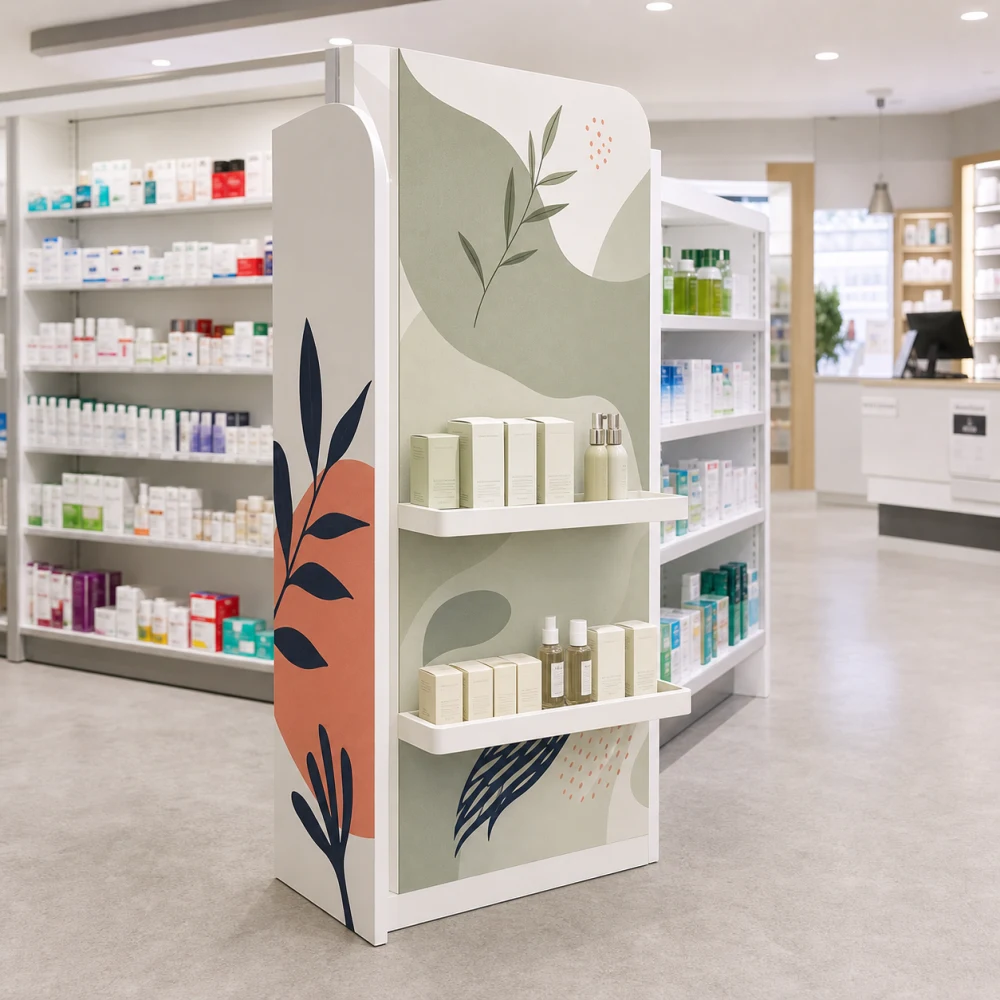 Visualización conceptual de una cabecera promocional de PVC en una farmacia